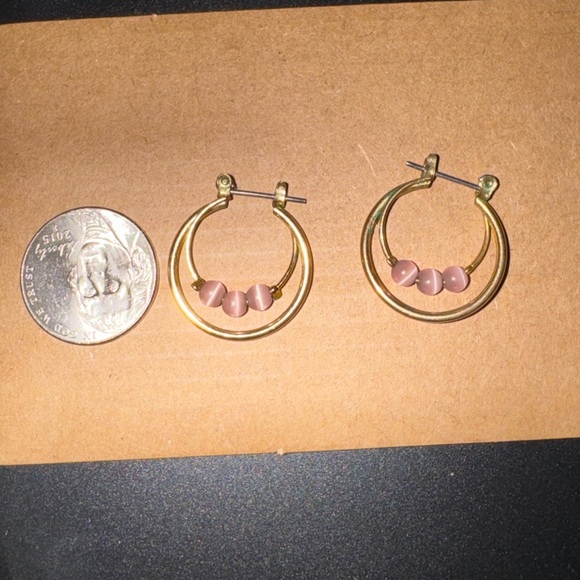 Gold Hoop Earrings with Pink Beads - Picture 3 of 4